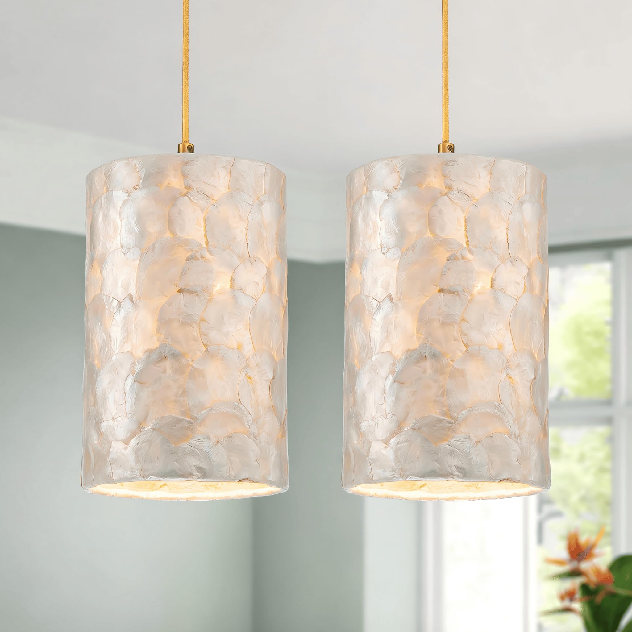 LumFurn X-Large 6-Light Drum Capiz Shell Crystal Chandeliers, Coastal Style Pendant Light Fixture for Dining Room, Living Room, D24 x H23~71 inch(Adjustable), Shell Lampshade & Chrome Finish