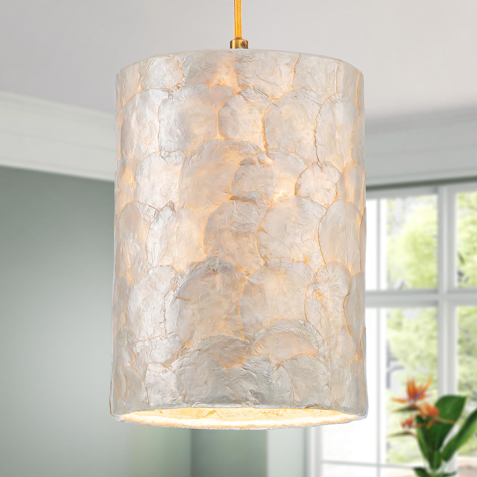 LumFurn X-Large 6-Light Drum Capiz Shell Crystal Chandeliers, Coastal Style Pendant Light Fixture for Dining Room, Living Room, D24 x H23~71 inch(Adjustable), Shell Lampshade & Chrome Finish