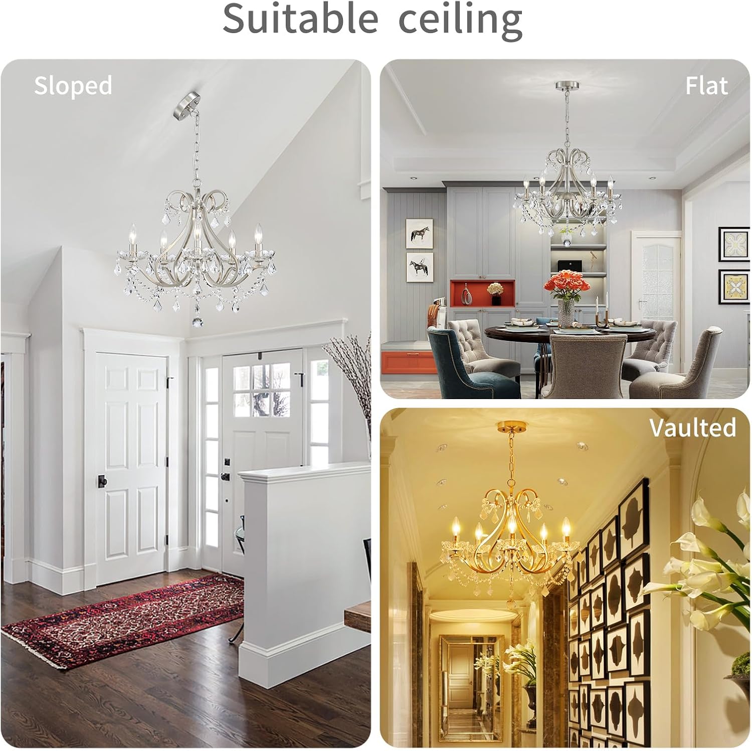 WUZUPS Crystal 5-Light Candle Chandelier Pendant Flushmount Ceiling Light Modern Lighting Fixture for Bedroom Hallway Bar Kitchen Bathroom, H 20.9" x W 21.7", Brushed Nickel, E12 Base