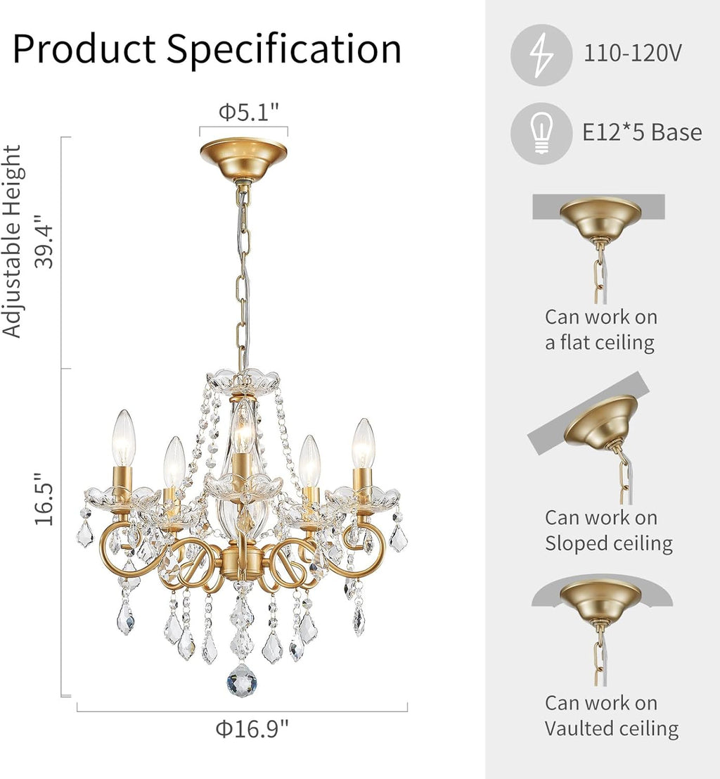 ANJIADENGSHI Mini Crystal Chandelier K9 Crystal Gold Chandelier for Living Room Bedroom Dining Room Kitchen Island Entryway 5 E12 Bulbs High 16.5 in x Diameter 16.9 in, Golden