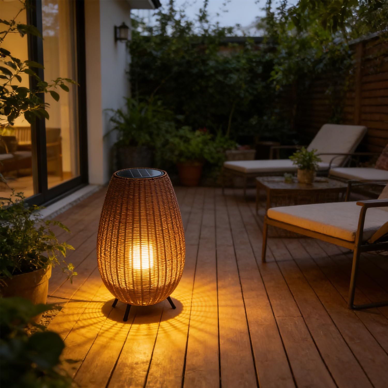 MIXL-Beige Shade Outdoor Floor Lamp,Waterproof Solar Lamp with Rattan Lampshade,Solar Lights Camping,Modern Outdoor Lighting for Yard Patio