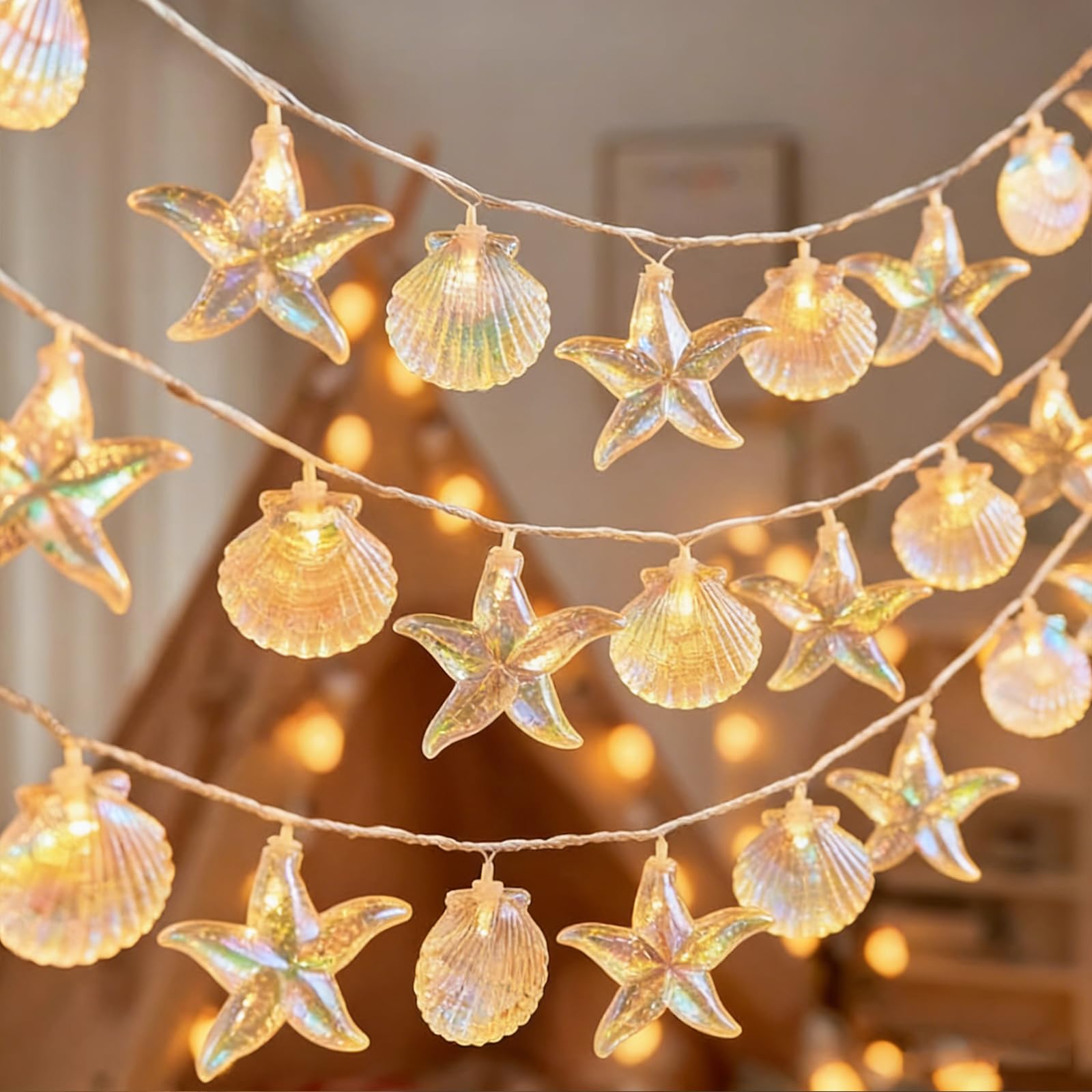 Natural Beach Shell String Light 20FT 40 LED Warm White LED Seashell Fairy Lights,Lights with Battery Operated，Ocean Theme Decor for Bedroom, Party, Wedding, Garden, Patio(Shell)