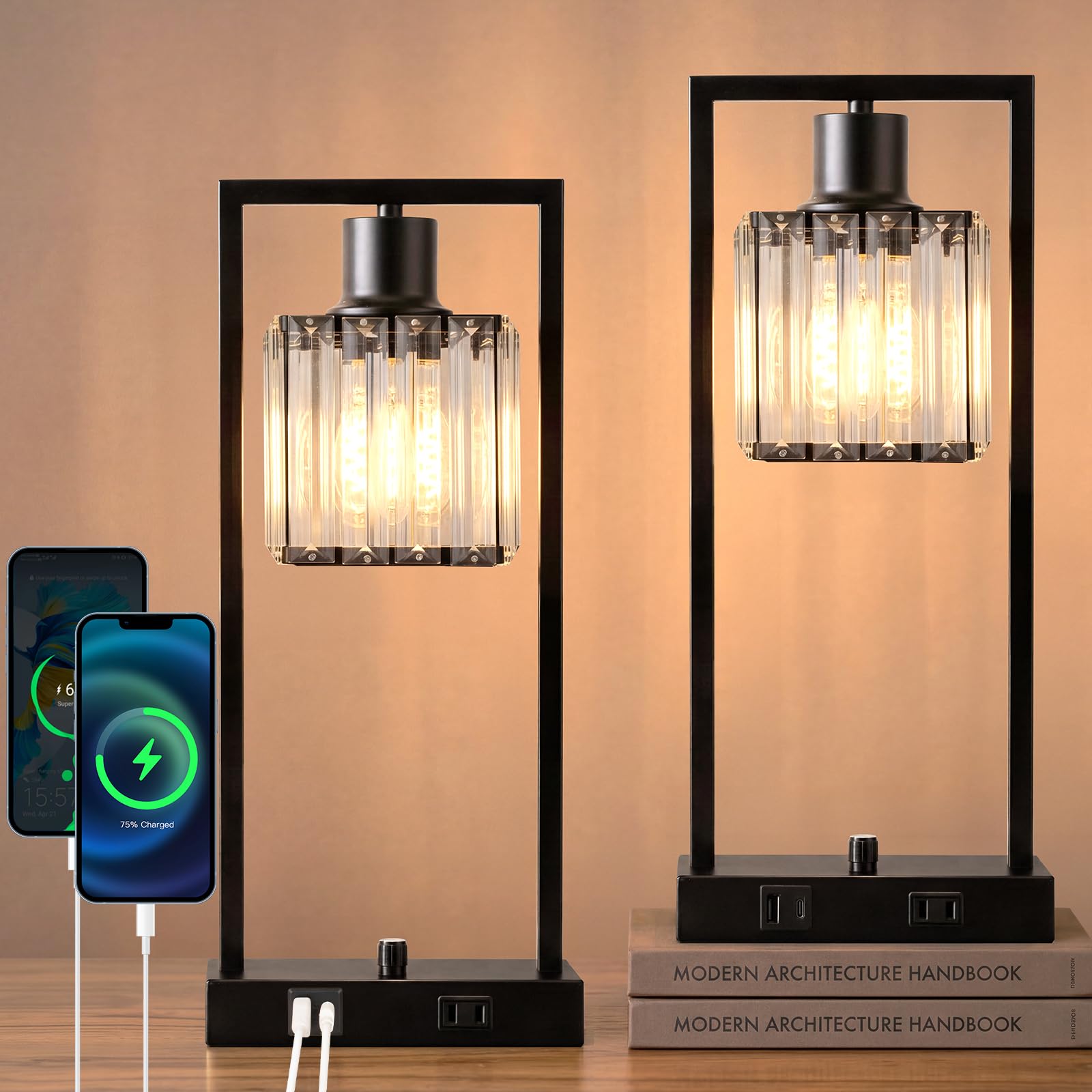 16" Desk Lamps for Home Office, Bedside Lamps with USB C+A Ports and Outlet, Black Fully Stepless Dimmable Industrial Table Lamps with Seeded Glass Shade for Reading Living Room, LED Bulbs Included