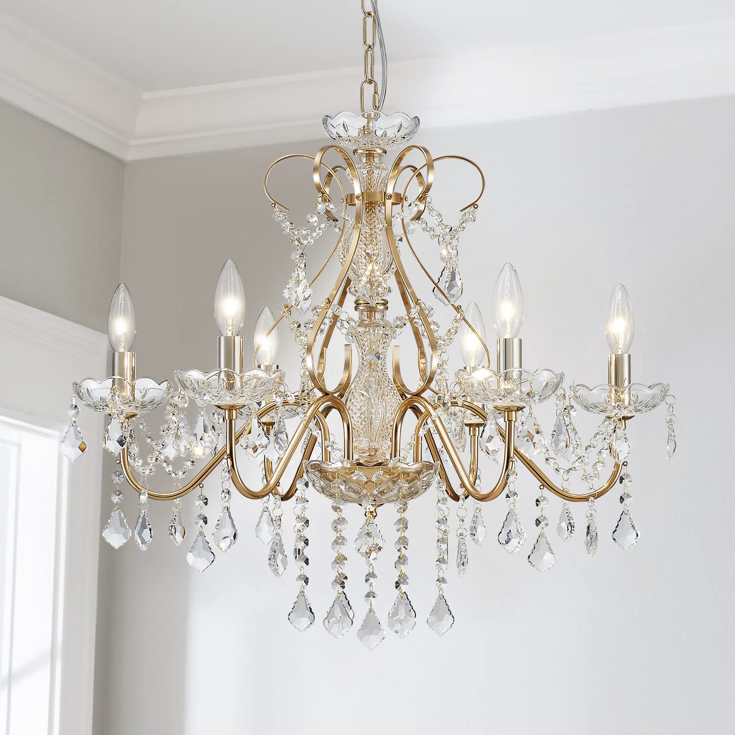 Saint Mossi 6-Lights Crystal Chandelier Crystals Raindrop Chandelier,Modern Crystal Pendant Light Fixture Modern Chandelier for Bedroom,Living Room,Dining Room,H22 X D24,Chain Adjustable