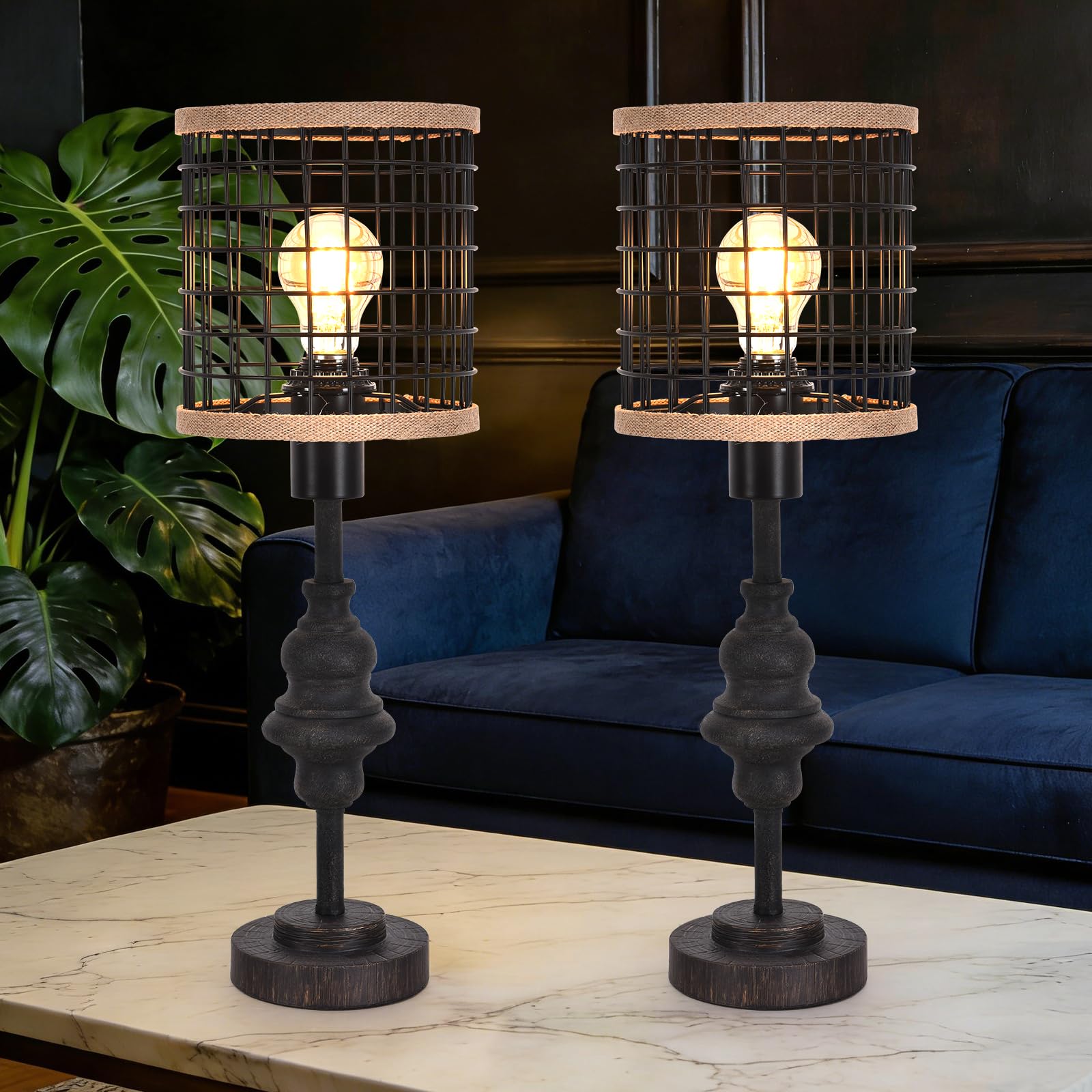 Black Industrial Metal Mesh Table Lamp, 20" Tall Farmhouse Bedside Lamp with Burlap Trim, 5ft Brown Cord & Rotary Switch, E26 Bakelite Socket for Bedroom Living Room