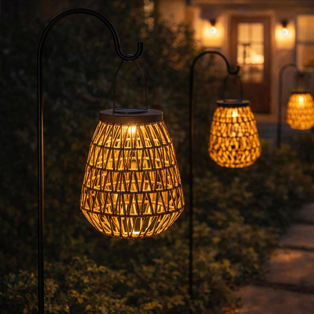 Scentsationals Fusion 2-Pack Woven Solar Lanterns, 11” Metal Frame & Wicker Outdoor Lanterns with Solar Puck Light, Cordless Decorative Patio & Garden Lighting, Warm LED, AA Rechargeable Battery