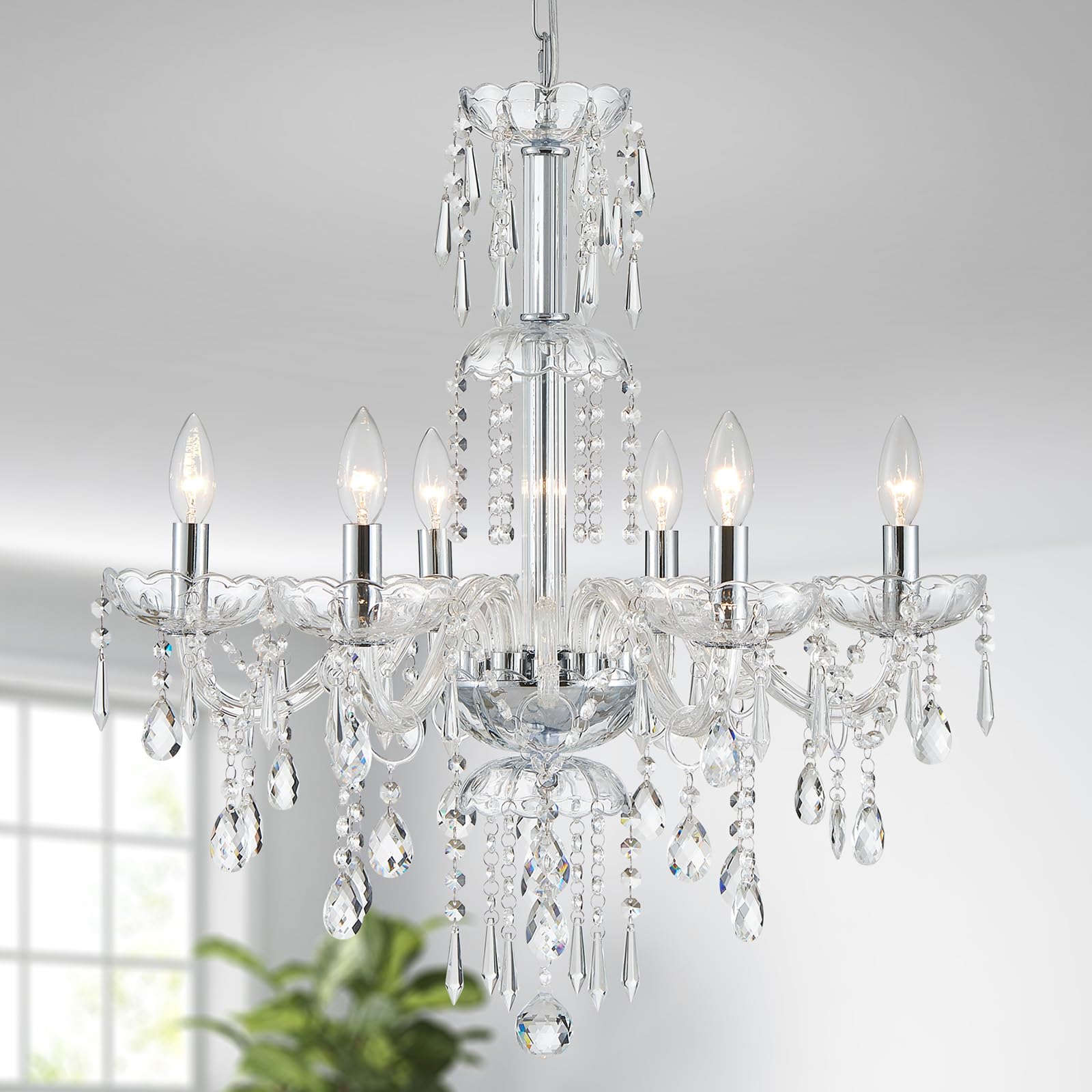WUZUPS Crystal 5-Light Candle Chandelier Pendant Flushmount Ceiling Light Modern Lighting Fixture for Bedroom Hallway Bar Kitchen Bathroom, H 20.9" x W 21.7", Brushed Nickel, E12 Base