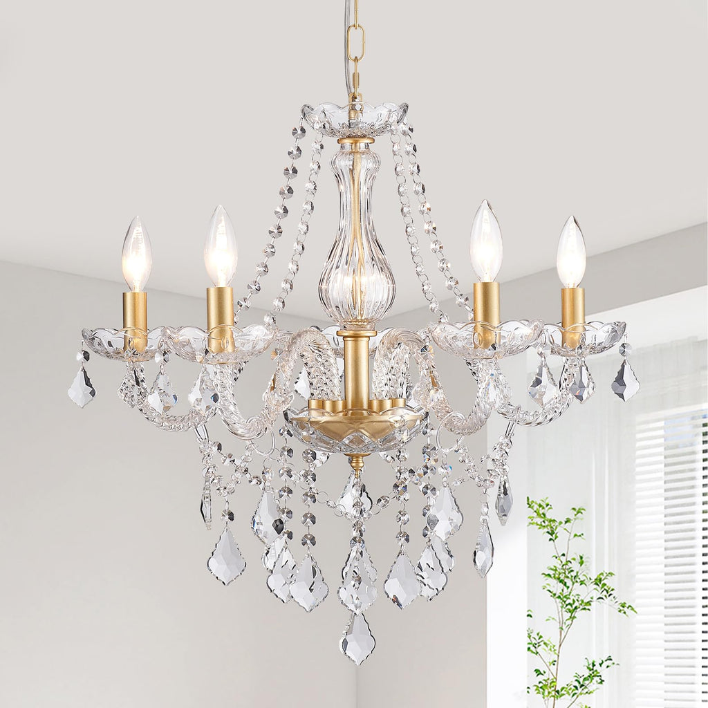 5-Light Modern Candle Crystal Glass Chandelier Pendant Ceiling Lighting Fixture for Dining Room Kitchen Hallway Living Room Bedroom Bar Closet, 23" Chrome Contemporary Elegant Lamp