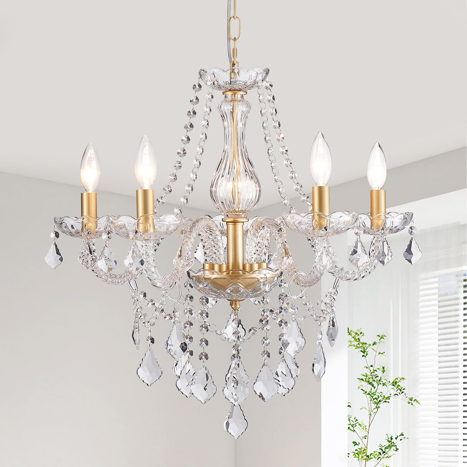 5-Light Modern Candle Crystal Glass Chandelier Pendant Ceiling Lighting Fixture for Dining Room Kitchen Hallway Living Room Bedroom Bar Closet, 23" Chrome Contemporary Elegant Lamp