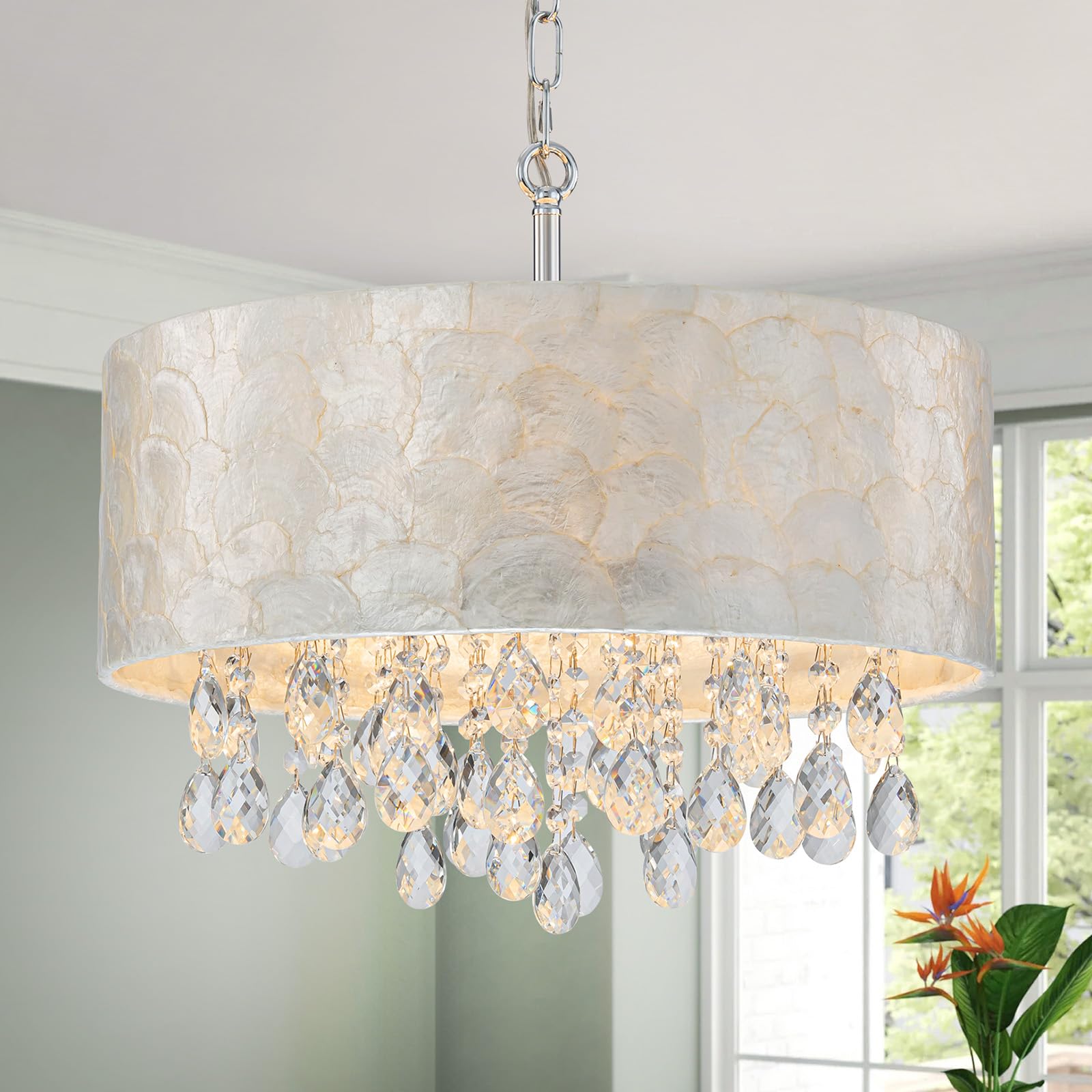 LumFurn X-Large 6-Light Drum Capiz Shell Crystal Chandeliers, Coastal Style Pendant Light Fixture for Dining Room, Living Room, D24 x H23~71 inch(Adjustable), Shell Lampshade & Chrome Finish