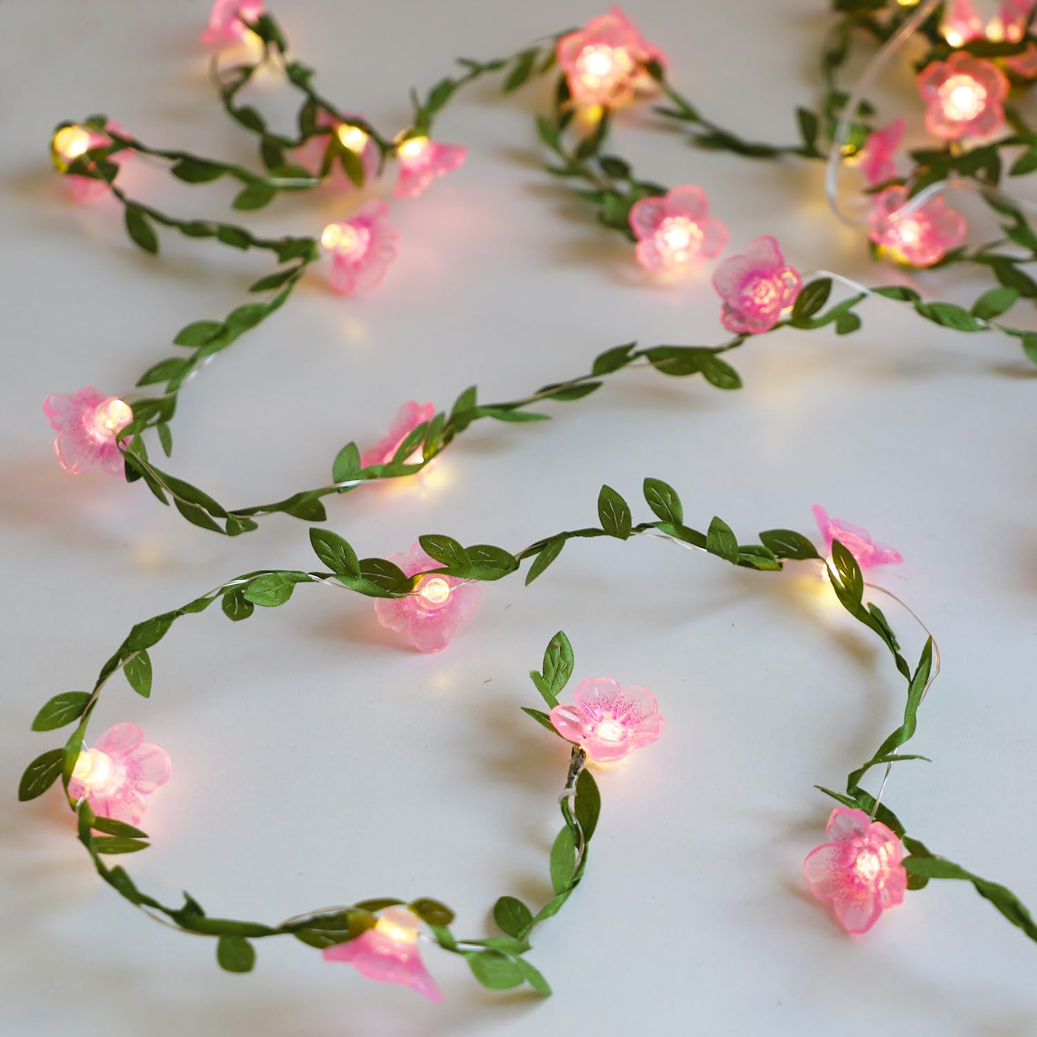 Cherry Blossom Decor Flower String Lights Vines with Fairy Lights Christmas, 30 LED Copper with Remote Control Battery Operated Pink Flower Garland Leaf for Locker, Wall,Christmas Decorations-4 Pack
