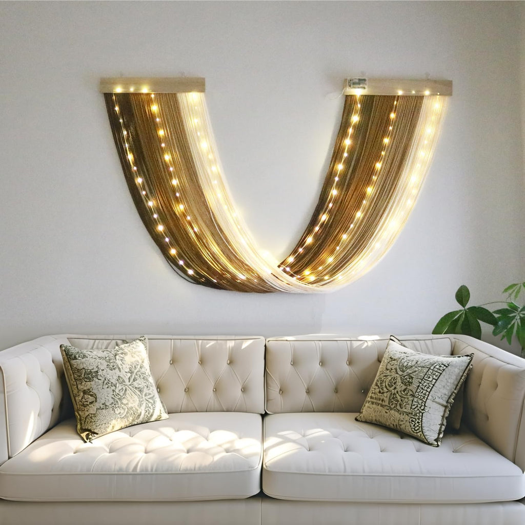 Macrame Fairy Lights Battery Operated with Remote | Large Macrame with 20ft 100 LED String Lights,Brown Gradient Warm White Light for Living Room,Bedroom,Christmas,Holiday Deco