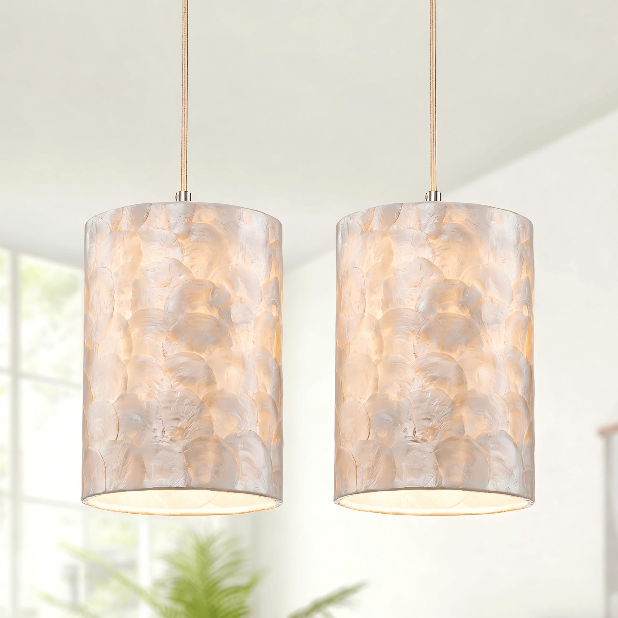 LumFurn X-Large 6-Light Drum Capiz Shell Crystal Chandeliers, Coastal Style Pendant Light Fixture for Dining Room, Living Room, D24 x H23~71 inch(Adjustable), Shell Lampshade & Chrome Finish