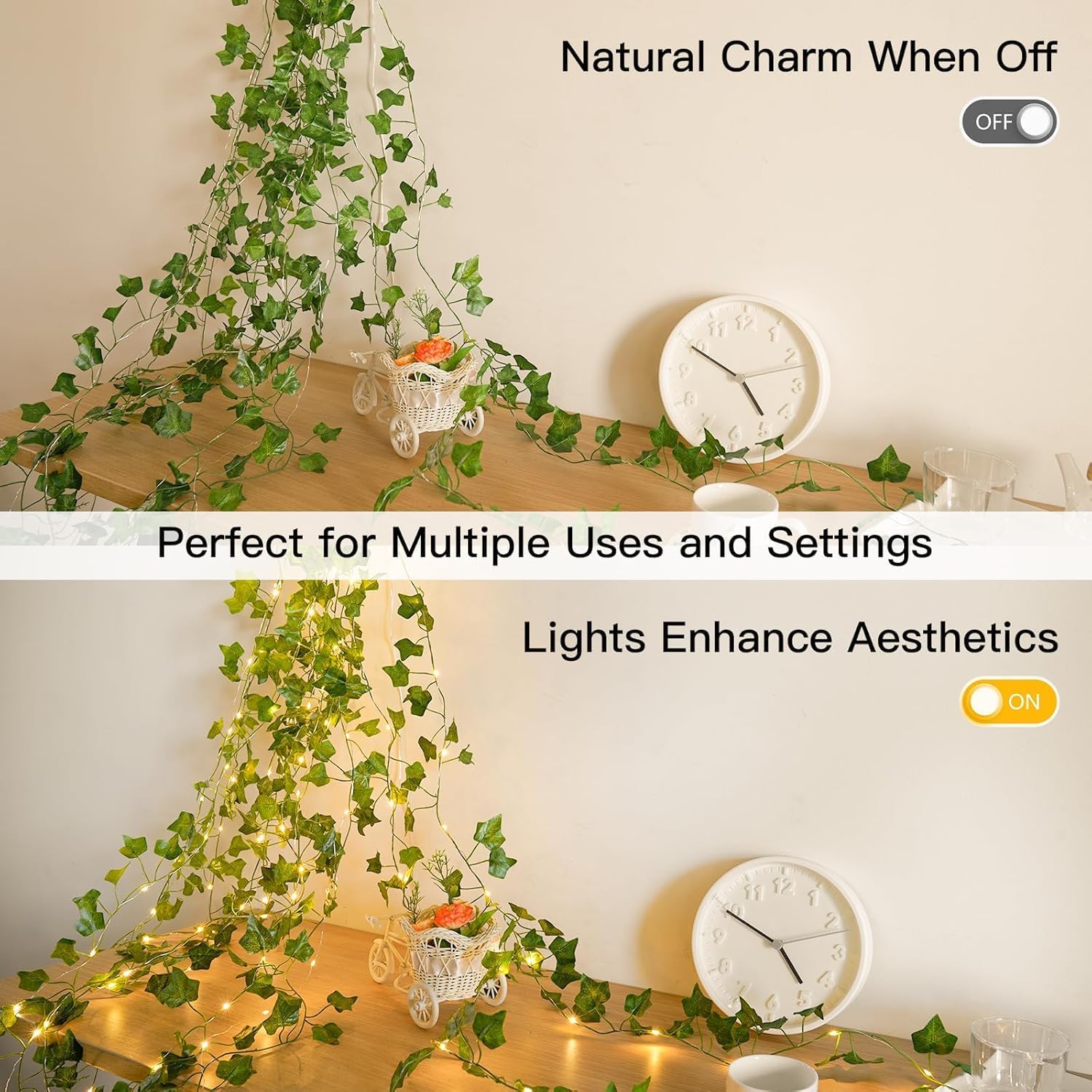 Warm White LED Ivy String Lights 40ft 4 Pack, USB & Battery Powered Decor Lights