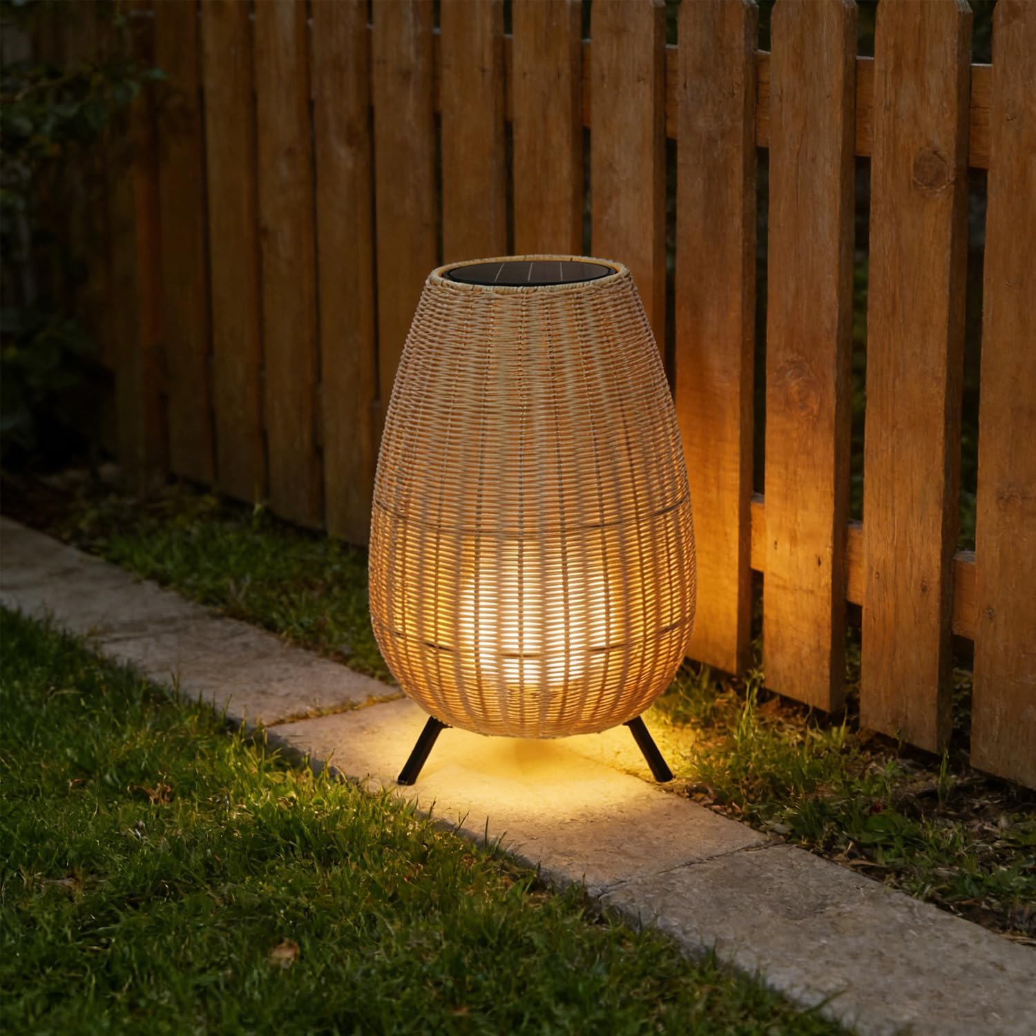 MIXL-Beige Shade Outdoor Floor Lamp,Waterproof Solar Lamp with Rattan Lampshade,Solar Lights Camping,Modern Outdoor Lighting for Yard Patio