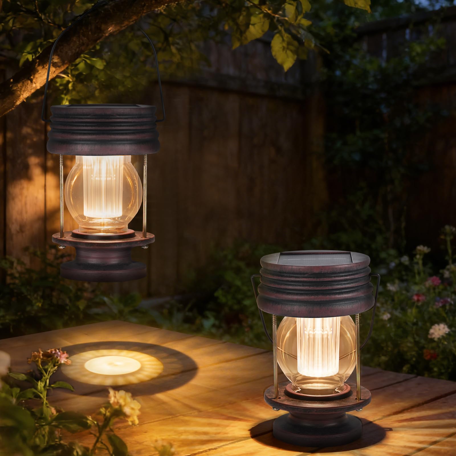 Solar Lanterns Outdoor Patio Decor, 2 Pack Large Hanging Solar Lights Waterproof, 30LM Bright Retro Decorative Table Lamps with Warm Glow for Porch, Yard, Garden, Pathway & Backyard Decoration