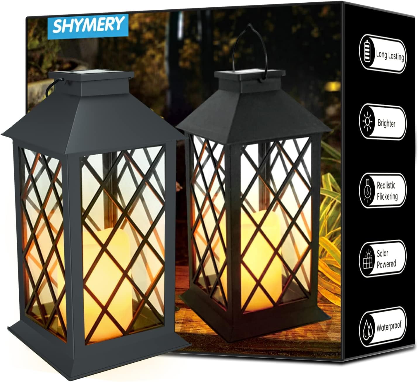 SHYMERY Solar Lantern,Outdoor Garden Hanging Lanterns,2 Pack 14 Inch Lasts 3X Longer 10 lumens Waterproof LED Flickering Flameless Candle Mission Lights for Table,Outdoor,Party Decorative