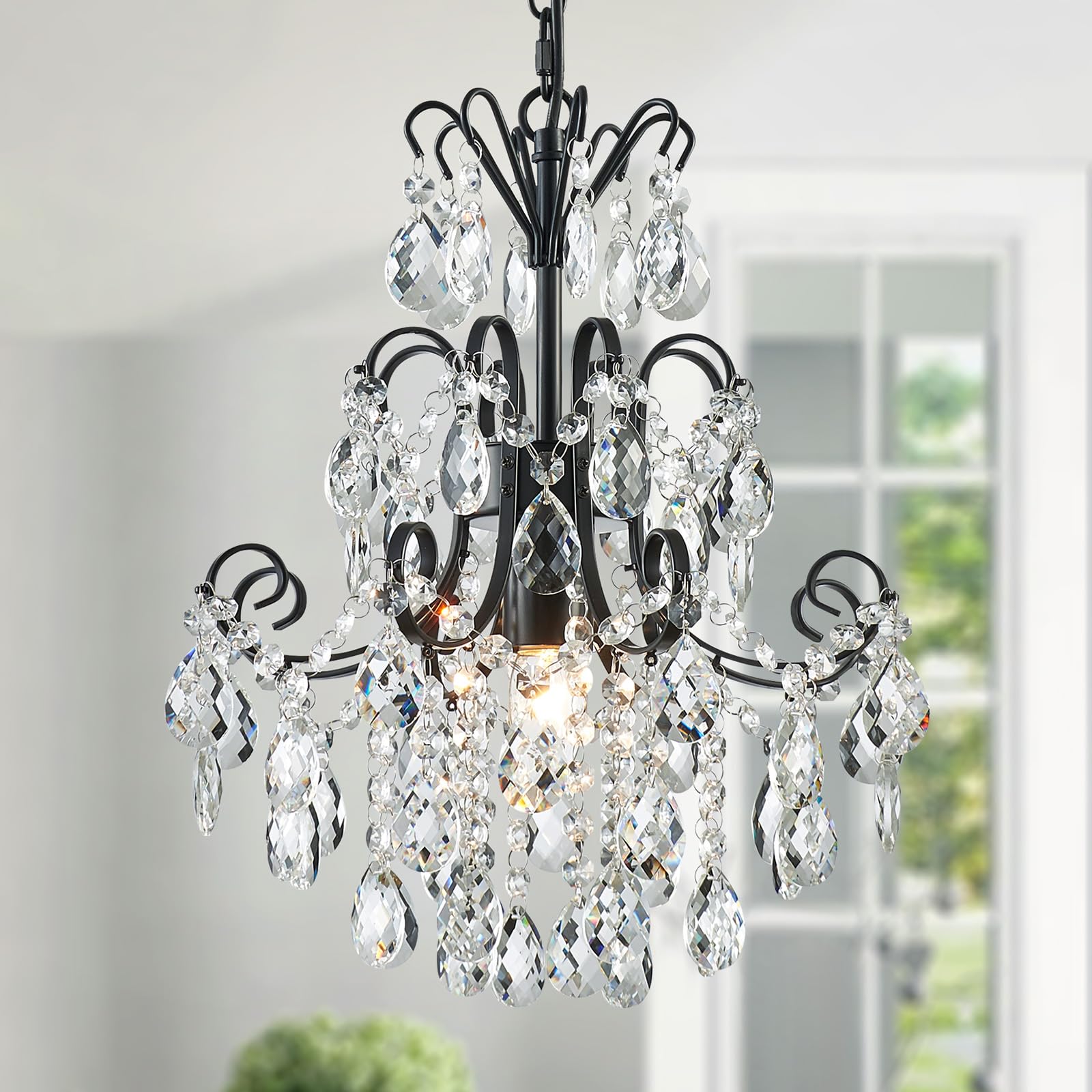WUZUPS Crystal Chandelier 10-Light Pendant Ceiling Light Modern Lighting Fixture for Dining Room Hallway Bedroom Kitchen Bathroom, H 27.6" x W 22.8", E12 Base, Black