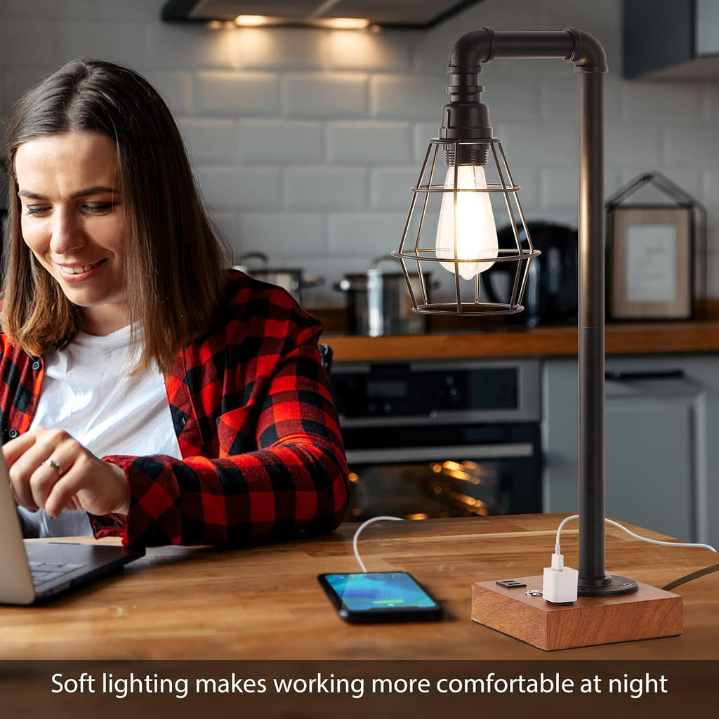 YBING Industrial Desk Lamp, Bulb Included, 3 Way Dimmable Table Lamp with Dual USB Ports & AC Outlet, Edison Touch Control for Bedroom, Study, Living Room, Office