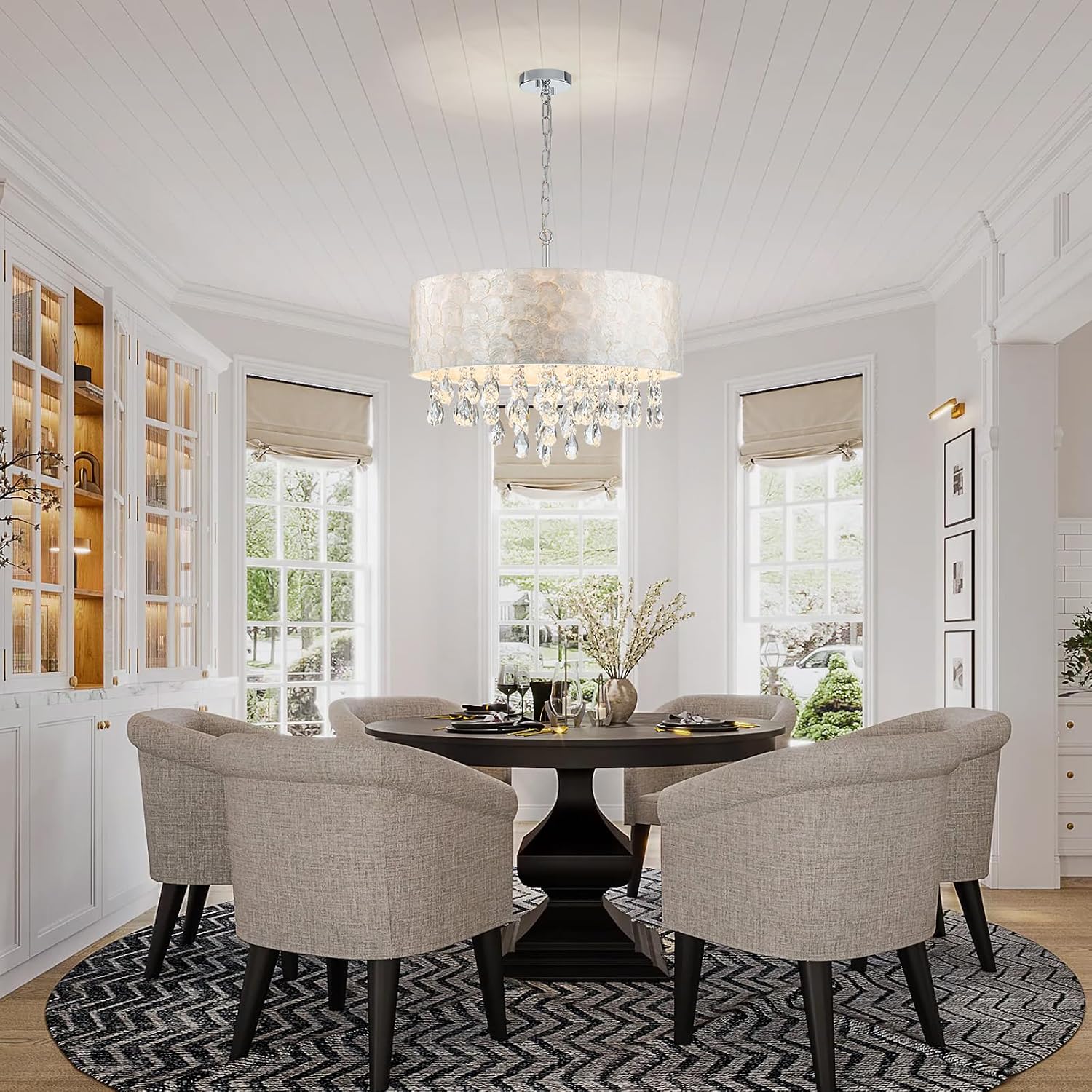 LumFurn X-Large 6-Light Drum Capiz Shell Crystal Chandeliers, Coastal Style Pendant Light Fixture for Dining Room, Living Room, D24 x H23~71 inch(Adjustable), Shell Lampshade & Chrome Finish