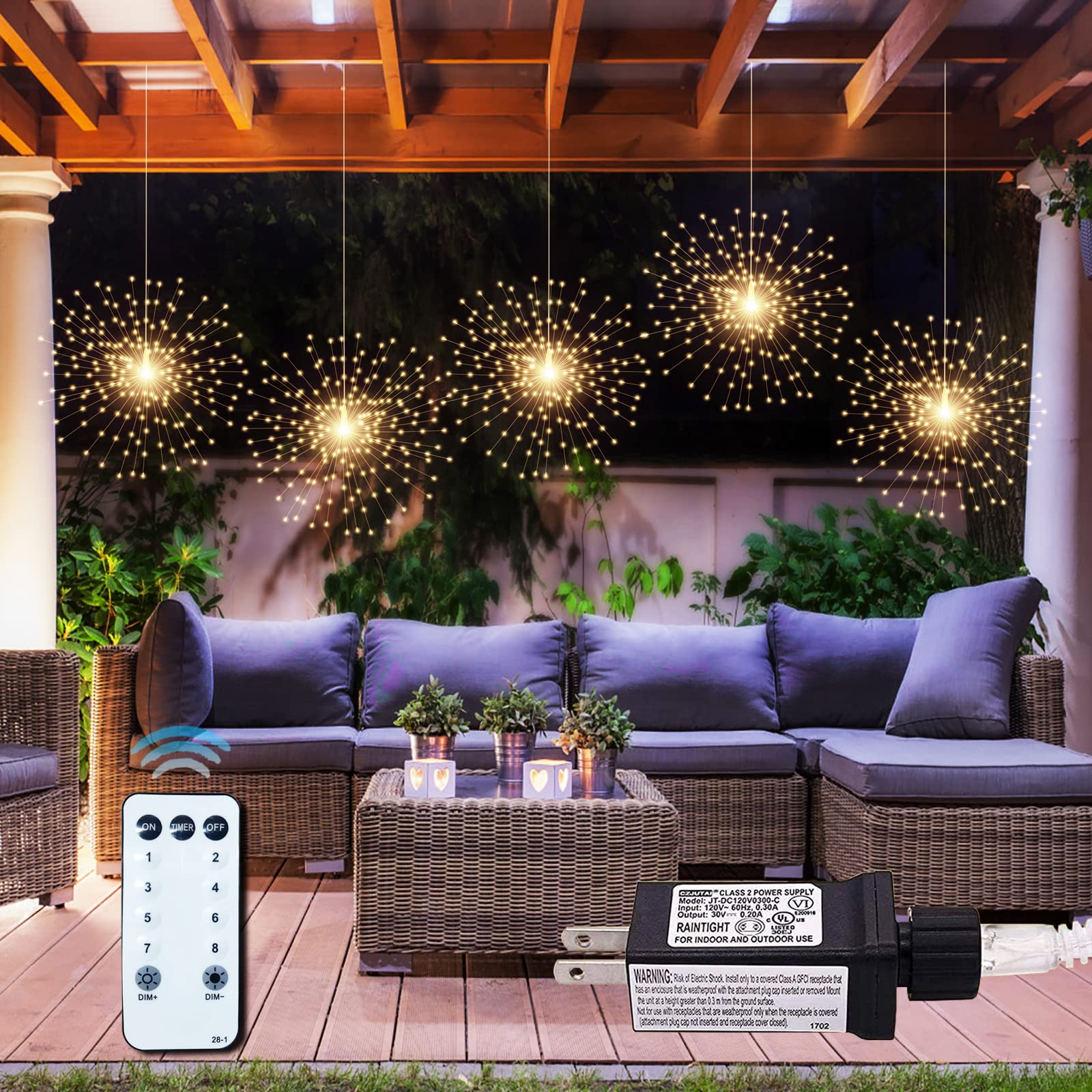 PXBNIUYA 4 Pack Starburst Sphere Lights,200 LED Firework Lights, 8 Modes Dimmable Remote Control Waterproof Hanging Fairy Light, Copper Wire Light for Patio Parties Christmas (Battery Operated)