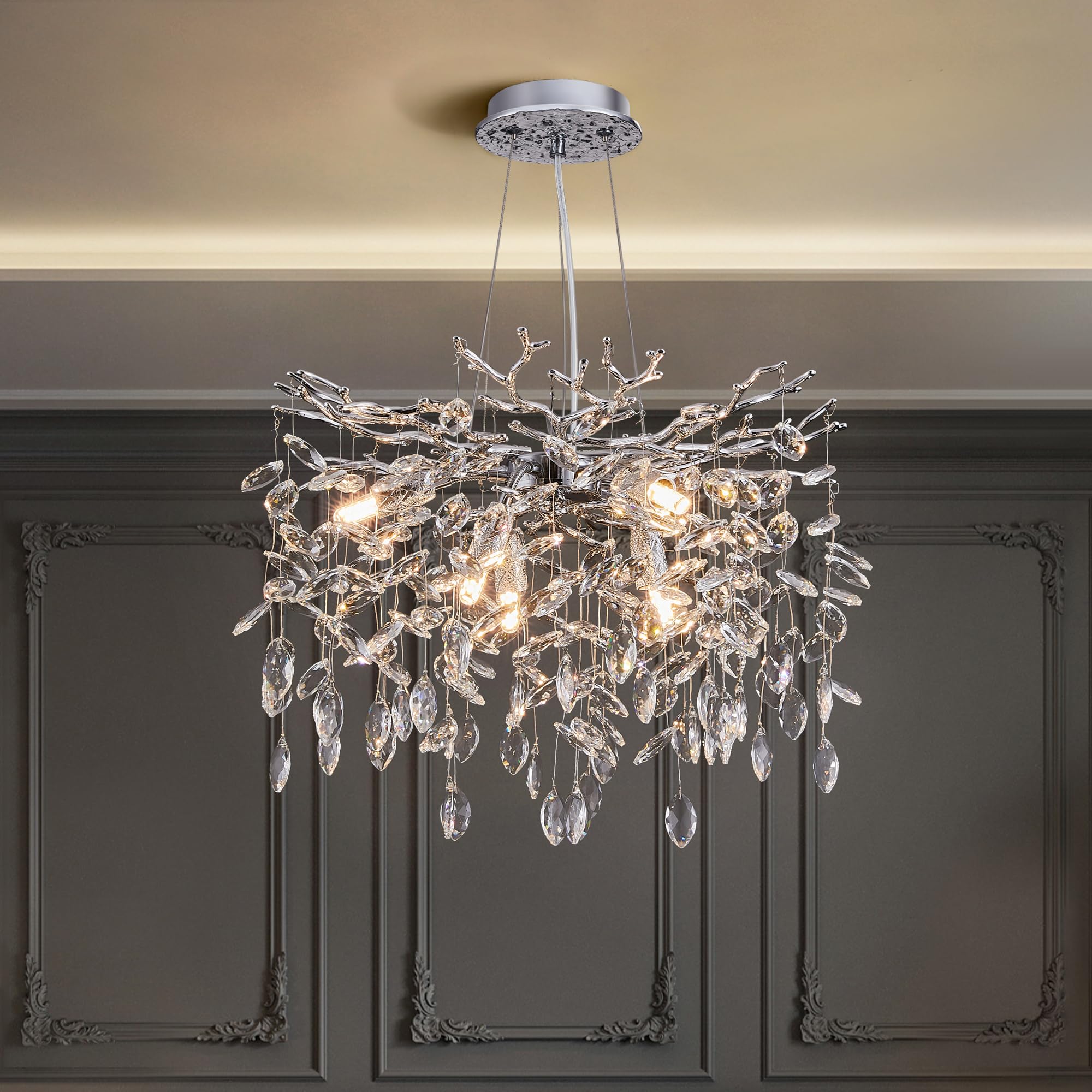 8-Light Modern Silver Crystal Chandelier 23.6", Tree Branch Pendant Lighting for Home