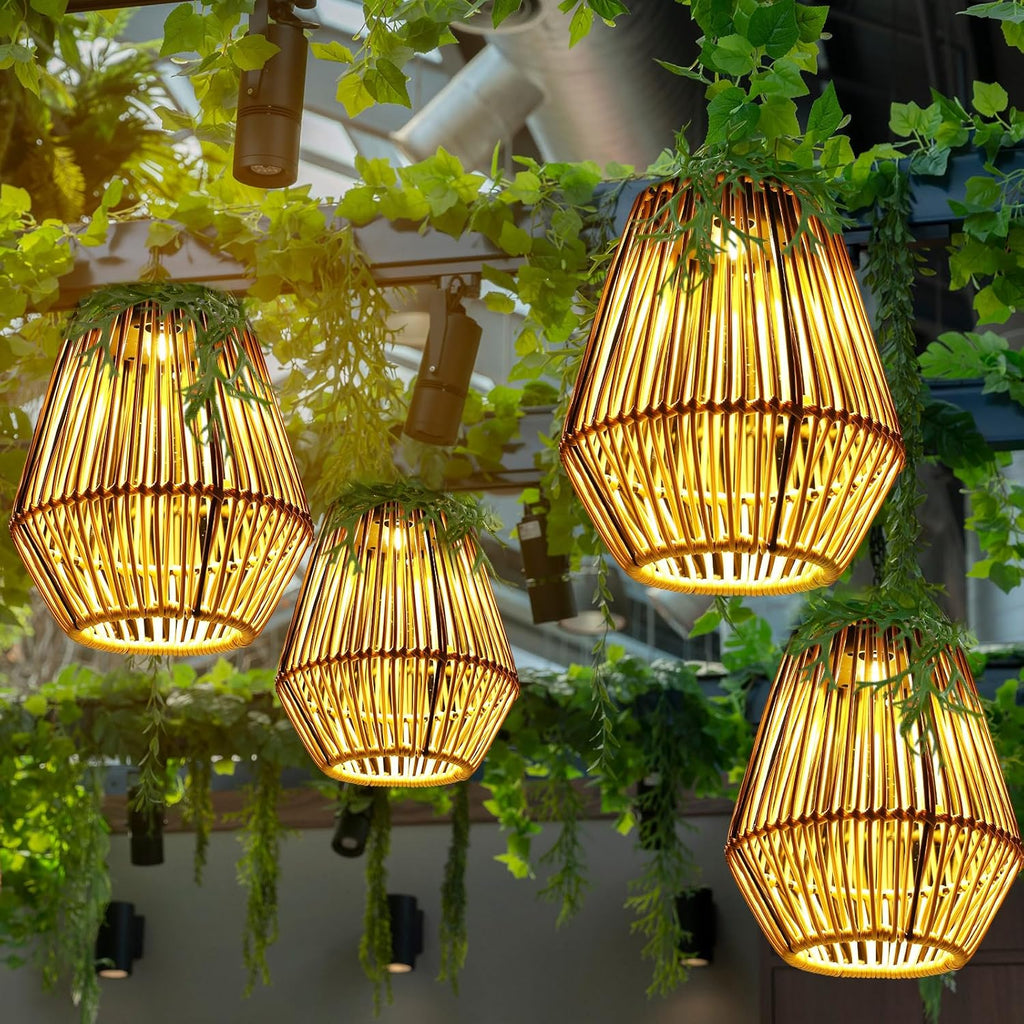 VIHOSE 4 Pack Solar Lanterns, Rattan Hanging Solar Lights with Handle Outdoor Waterproof, Outdoor Lamp Lights Decoration for Patio Porch Garden Pathway Yard Trees Lawn (Square)