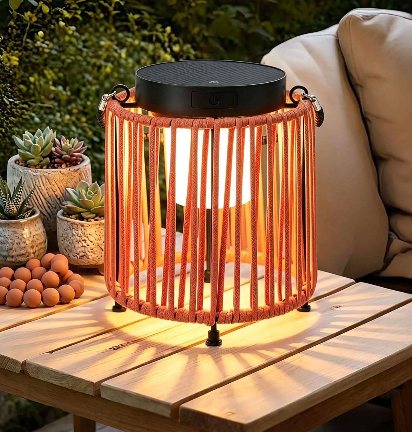 Solar Lanterns Outdoor Waterproof IP54, Handwoven Wicker Outdoor Table Lamps Portable Rechargeable with 30H+ Runtime, Dual USB-C/Solar Charging, 3 Brightness Levels, Orange