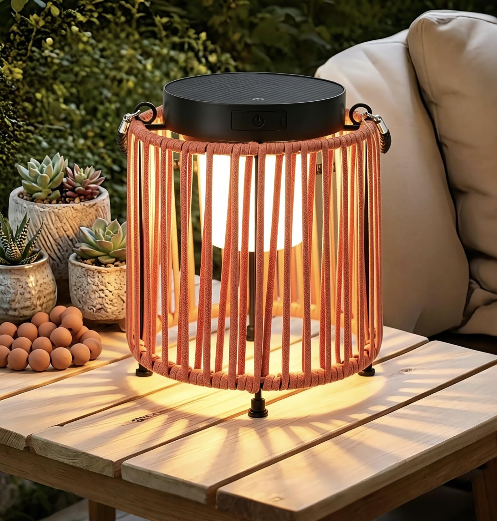 Solar Lanterns Outdoor Waterproof IP54, Handwoven Wicker Outdoor Table Lamps Portable Rechargeable with 30H+ Runtime, Dual USB-C/Solar Charging, 3 Brightness Levels, Orange