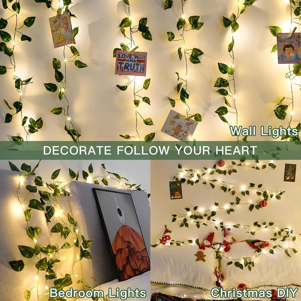 4 Pack Vines with Fairy Lights 40ft 120 LED Pothos String Lights USB Plugin & Battery Operated Leaf Lights with Timer 8 Modes Remote Decorative Light for Bedroom Wedding Party - Warm White