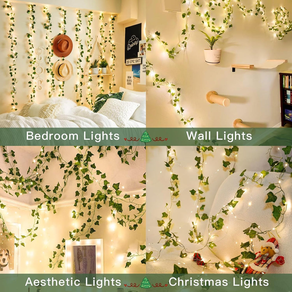 Warm White LED Ivy String Lights 40ft 4 Pack, USB & Battery Powered Decor Lights