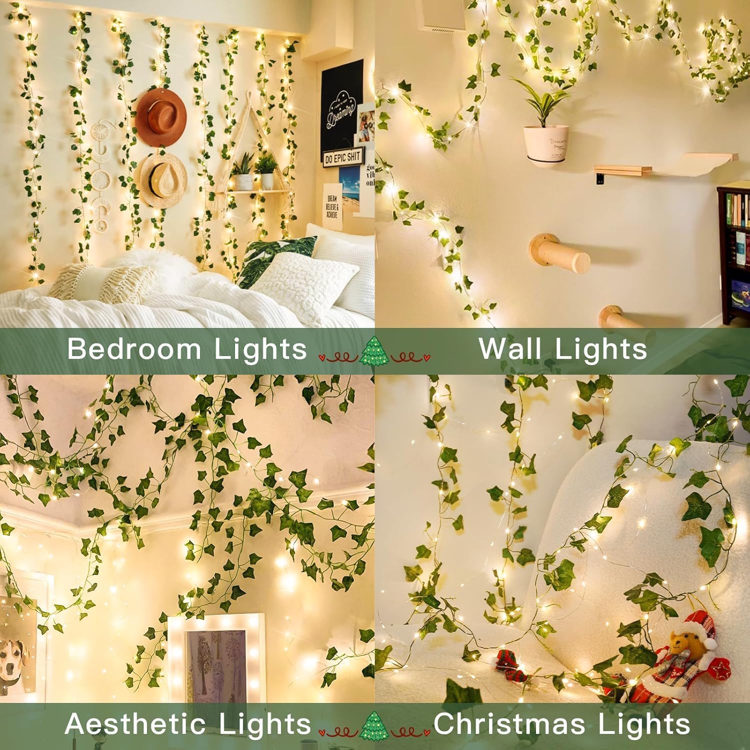 Warm White LED Ivy String Lights 40ft 4 Pack, USB & Battery Powered Decor Lights