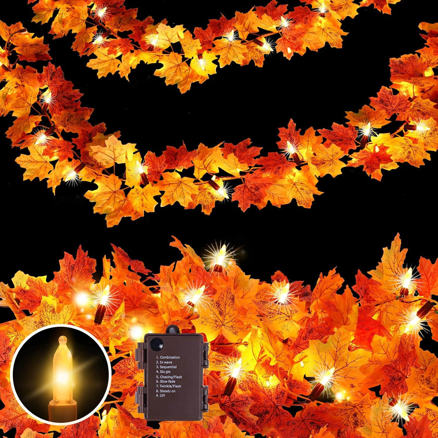2Pack Fall Garland with Lights Battery Operated,10FT 50 Orange Bulbs Lighted Fall Leaves Garland,Fall Decorations for Home Thanksgiving,Mantel,Fireplace,Porch,Halloween,Table Decor Indoor Outdoor