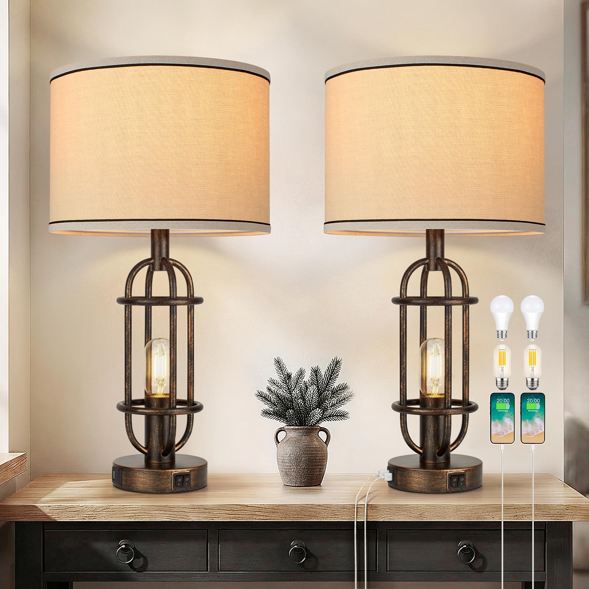 Reaketon Black Table Lamps for Living Room Set of 2, 22.3" Farmhouse Lamps for Nightstand, Industrial Table Lamps for Bedroom with USB Ports, Bulbs Included