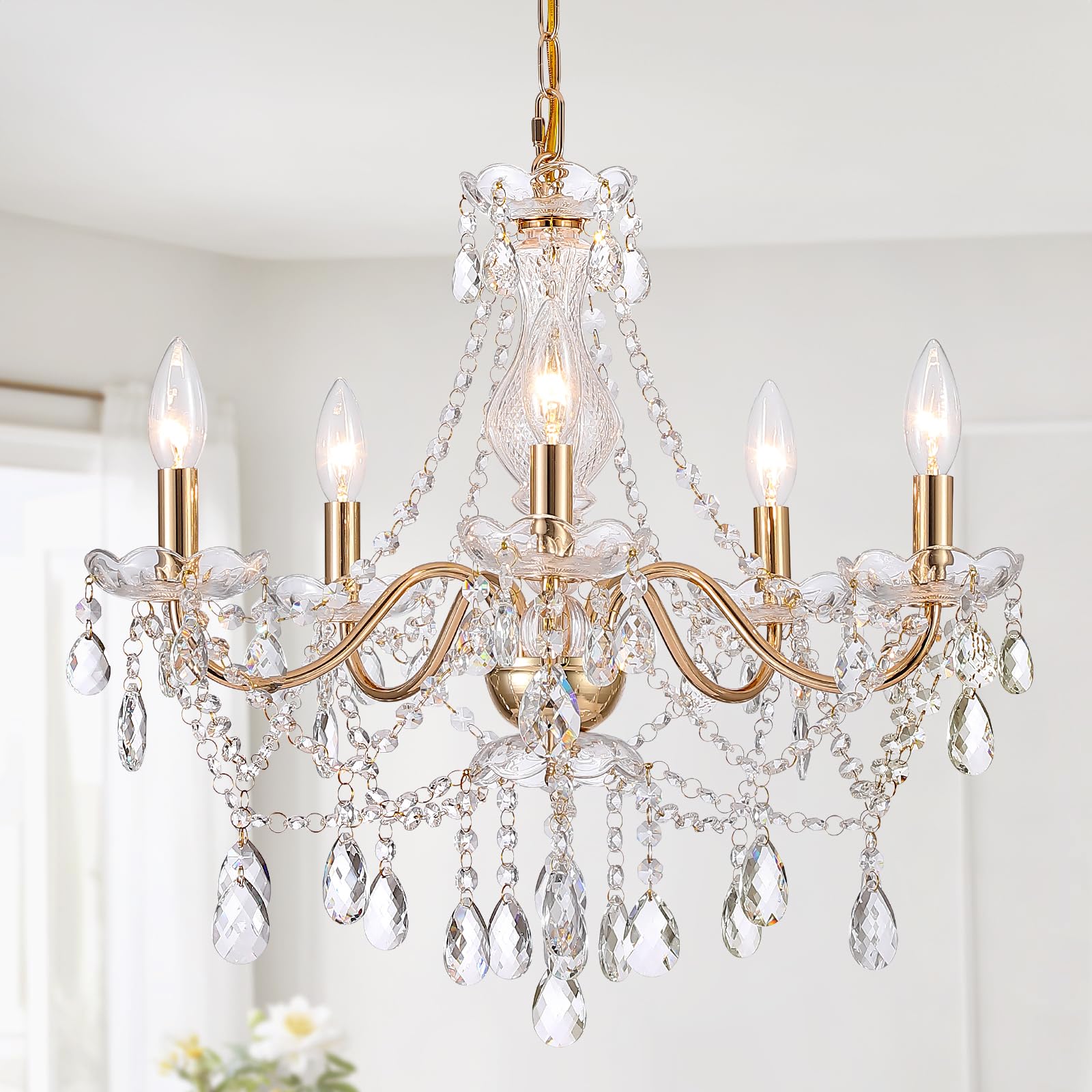 5 Light White Crystal Pendant Lamp, Ceramic Hanging Chandelier for Kitchen Wedding Decor
