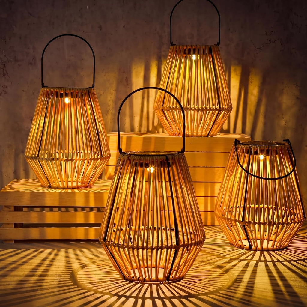 VIHOSE 4 Pack Solar Lanterns, Rattan Hanging Solar Lights with Handle Outdoor Waterproof, Outdoor Lamp Lights Decoration for Patio Porch Garden Pathway Yard Trees Lawn (Square)
