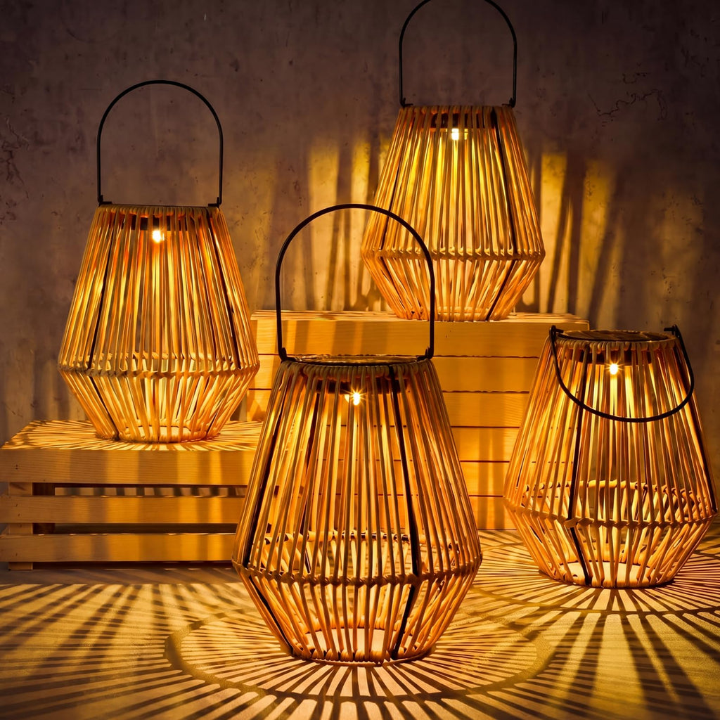 VIHOSE 4 Pack Solar Lanterns, Rattan Hanging Solar Lights with Handle Outdoor Waterproof, Outdoor Lamp Lights Decoration for Patio Porch Garden Pathway Yard Trees Lawn (Square)