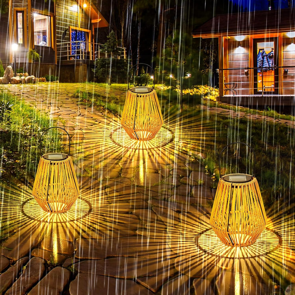 VIHOSE 4 Pack Solar Lanterns, Rattan Hanging Solar Lights with Handle Outdoor Waterproof, Outdoor Lamp Lights Decoration for Patio Porch Garden Pathway Yard Trees Lawn (Square)