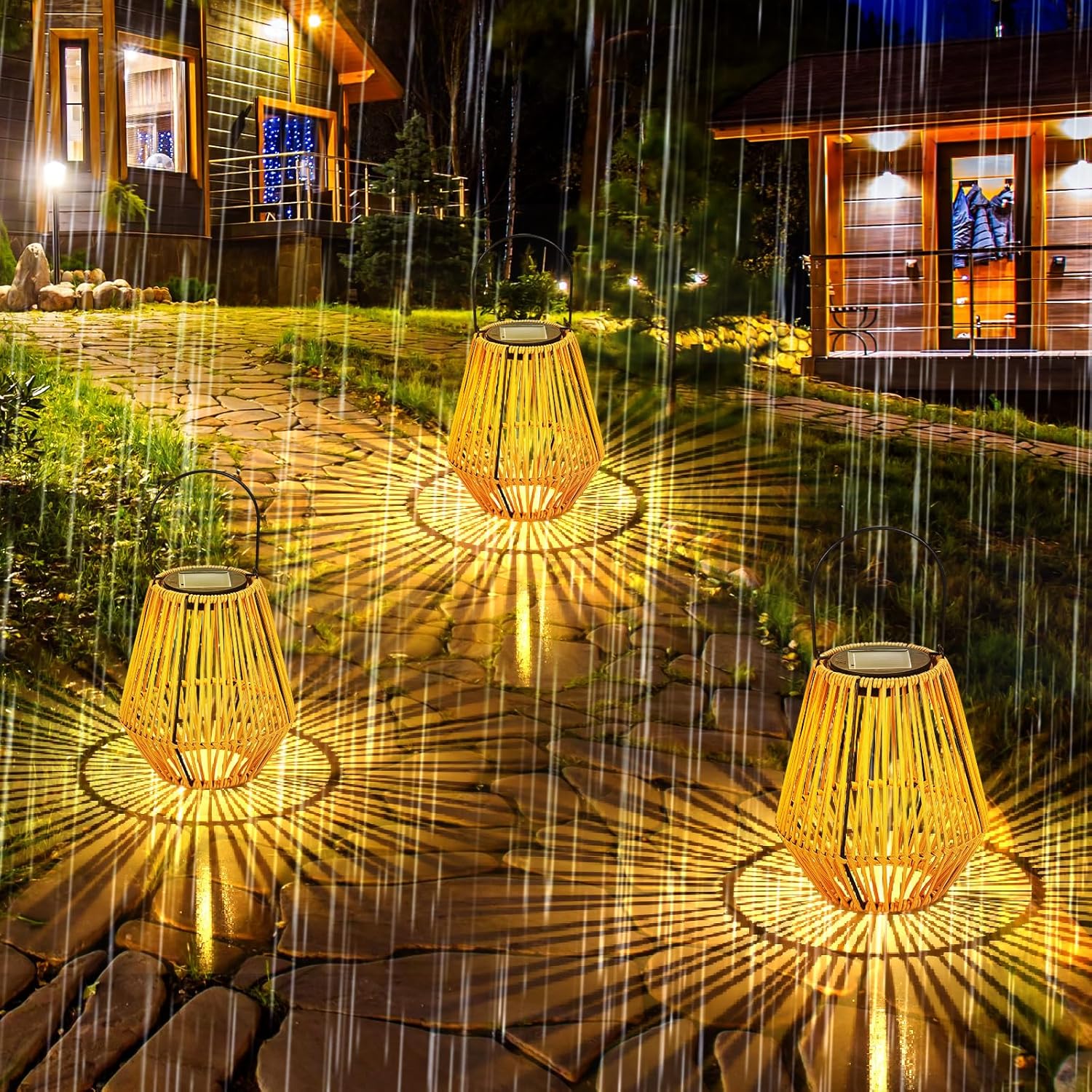 VIHOSE 4 Pack Solar Lanterns, Rattan Hanging Solar Lights with Handle Outdoor Waterproof, Outdoor Lamp Lights Decoration for Patio Porch Garden Pathway Yard Trees Lawn (Square)