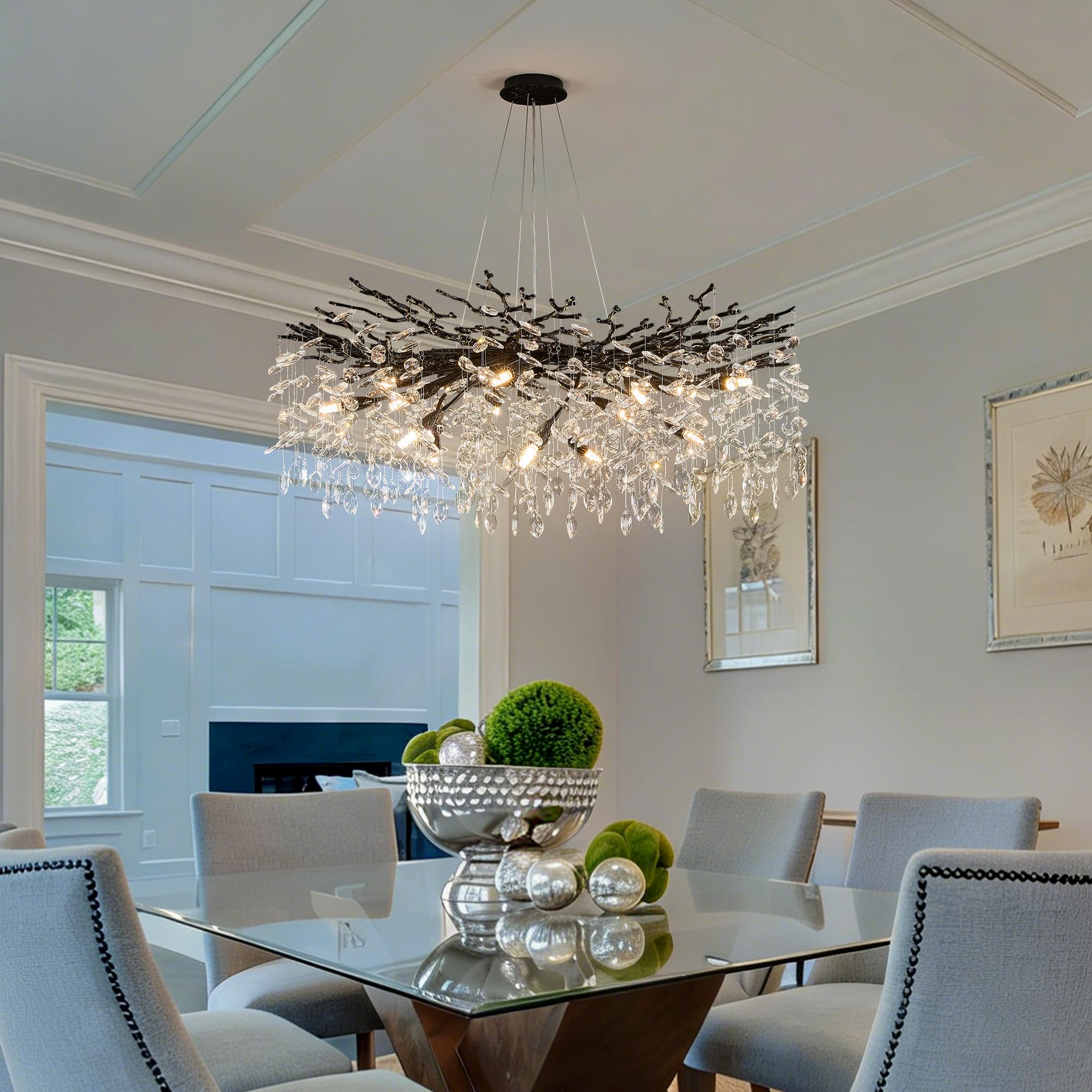 8-Light Modern Silver Crystal Chandelier 23.6", Tree Branch Pendant Lighting for Home