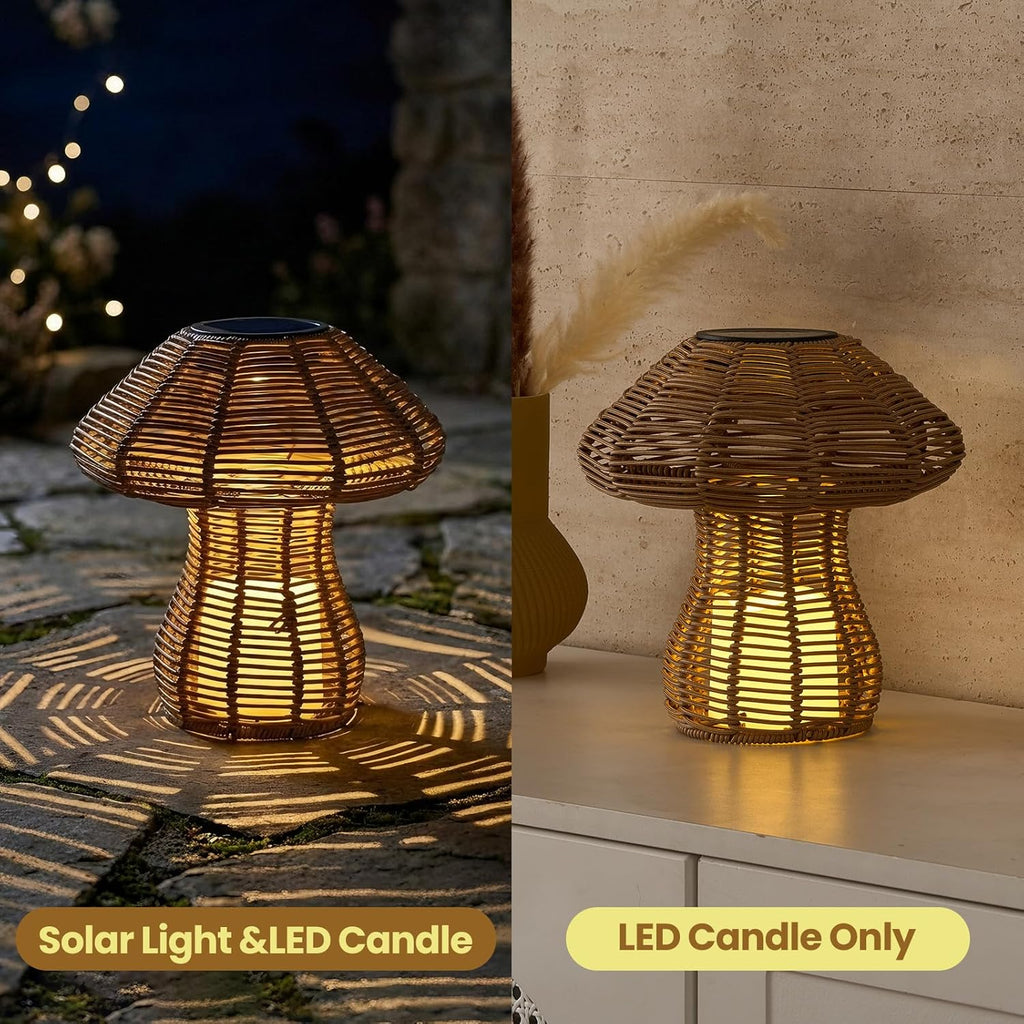 Portable Rattan Table Lamp for Indoor Outdoor, CE,RoHS Certified Solar Charging & Replaceable Battery LED Light, Ratten Bedroom Lamp with Warm Candle Bulb for Patio Bedroom, Pack of 2