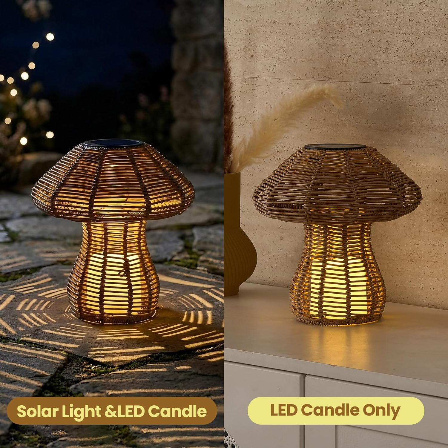 Portable Rattan Table Lamp for Indoor Outdoor, CE,RoHS Certified Solar Charging & Replaceable Battery LED Light, Ratten Bedroom Lamp with Warm Candle Bulb for Patio Bedroom, Pack of 2