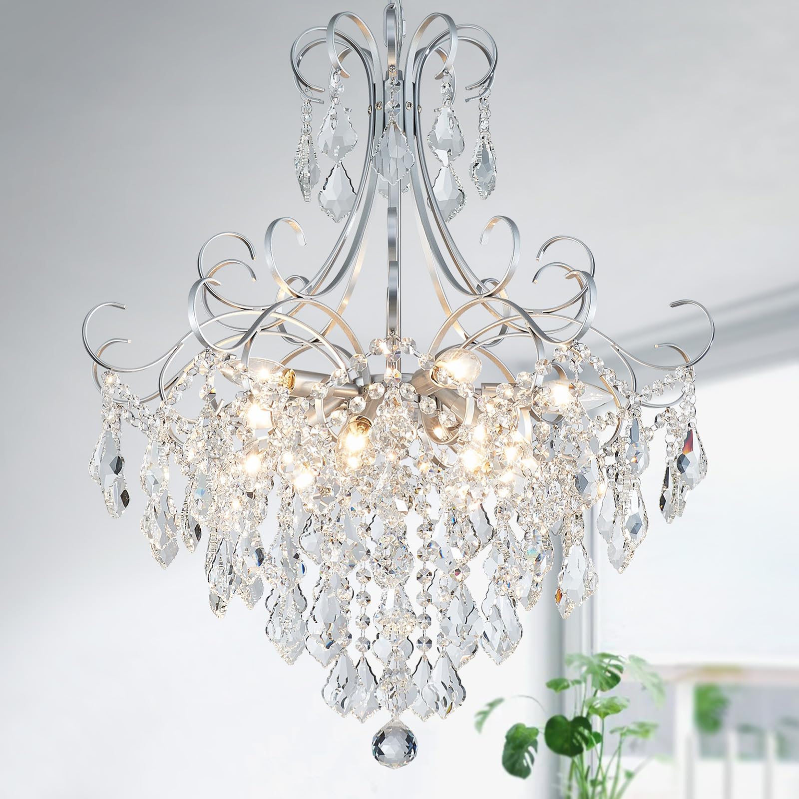 WUZUPS Crystal Chandelier 10-Light Pendant Ceiling Light Modern Lighting Fixture for Dining Room Hallway Bedroom Kitchen Bathroom, H 27.6" x W 22.8", E12 Base, Black