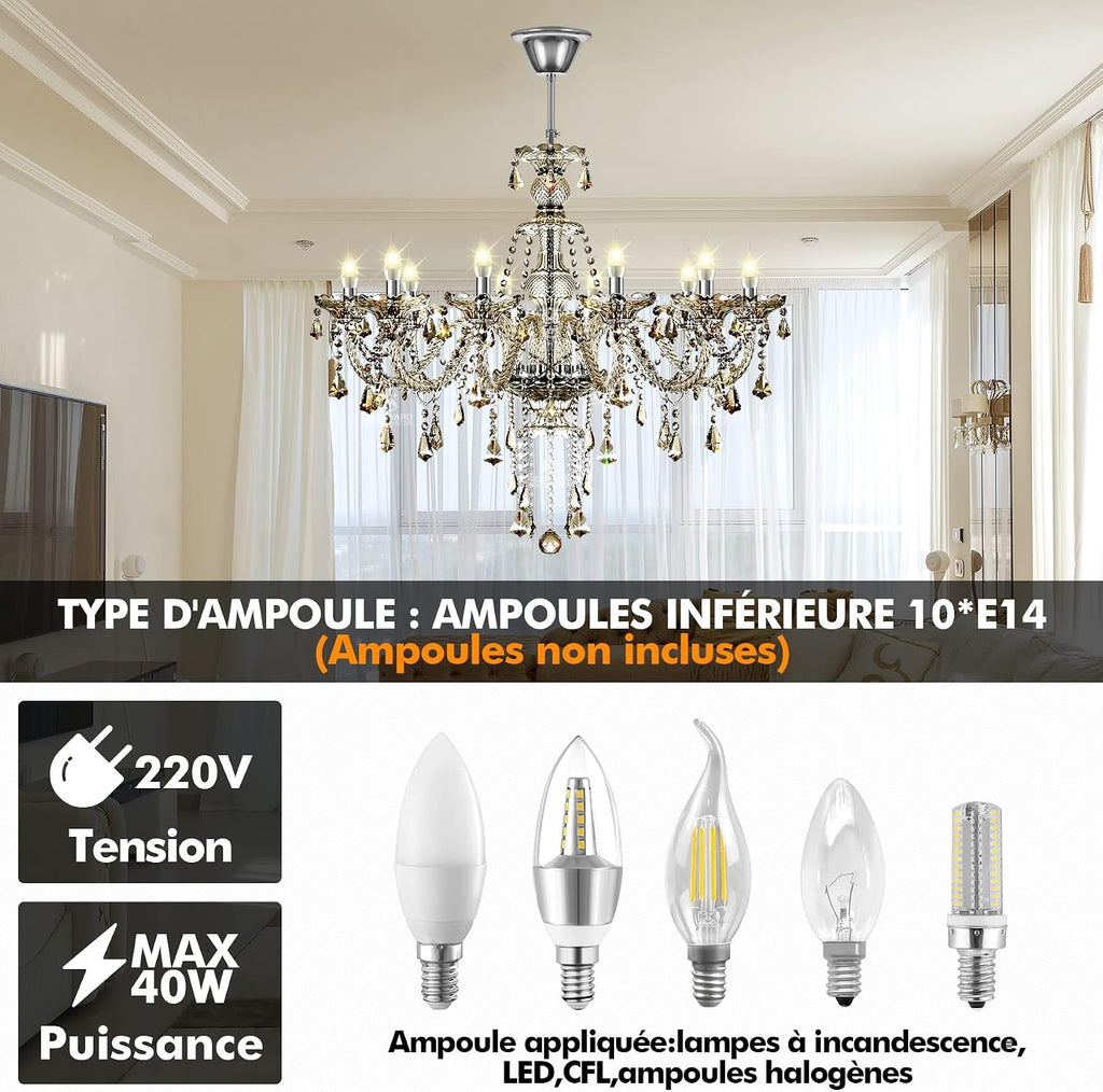 Ridgeyard 10-Light Crystal Chandelier Cognac/Champagne Modern K9 Crystal Candle Pendant Lamp Ceiling Lighting Fixture, Chandeliers for Dining Room Home Decor