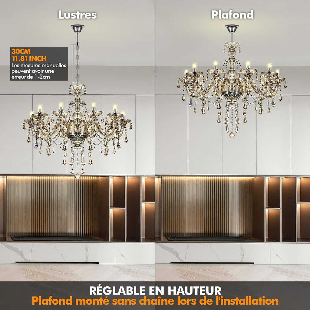 Ridgeyard 10-Light Crystal Chandelier Cognac/Champagne Modern K9 Crystal Candle Pendant Lamp Ceiling Lighting Fixture, Chandeliers for Dining Room Home Decor