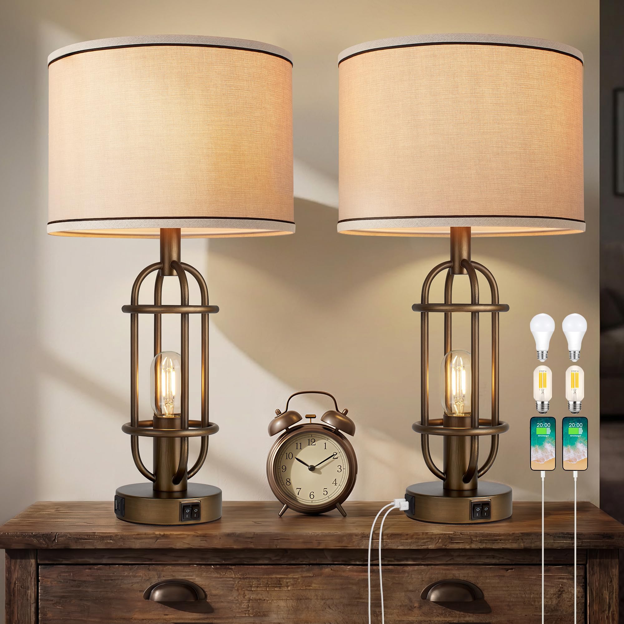 Reaketon Black Table Lamps for Living Room Set of 2, 22.3" Farmhouse Lamps for Nightstand, Industrial Table Lamps for Bedroom with USB Ports, Bulbs Included