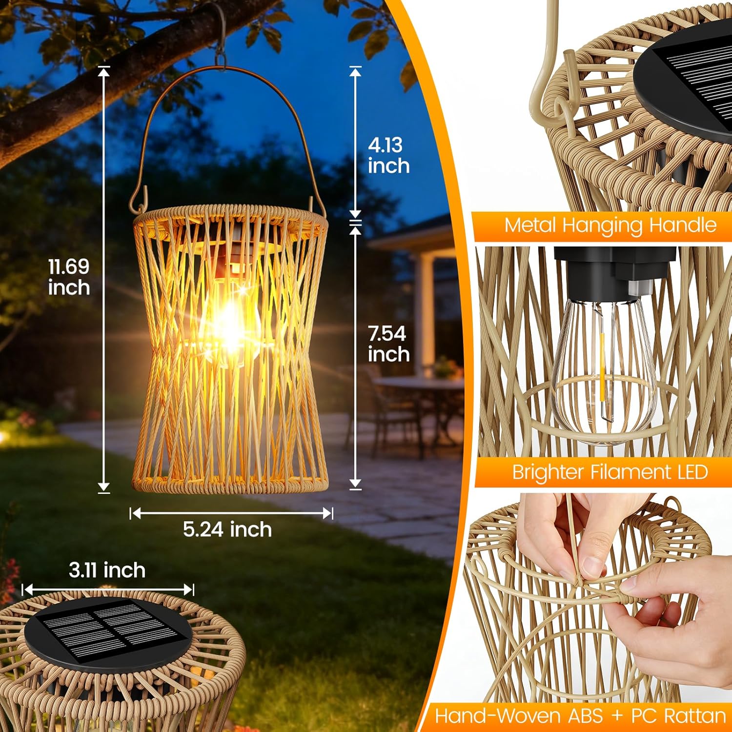 Solar Lanterns Outdoor Waterproof 4 Pack, Upgraded Rattan Hanging Solar Lights for Outside with Handle, Bright Auto On/Off Decorative Outdoor Lanterns for Patio Garden Yard Porch, Gifts for Mom