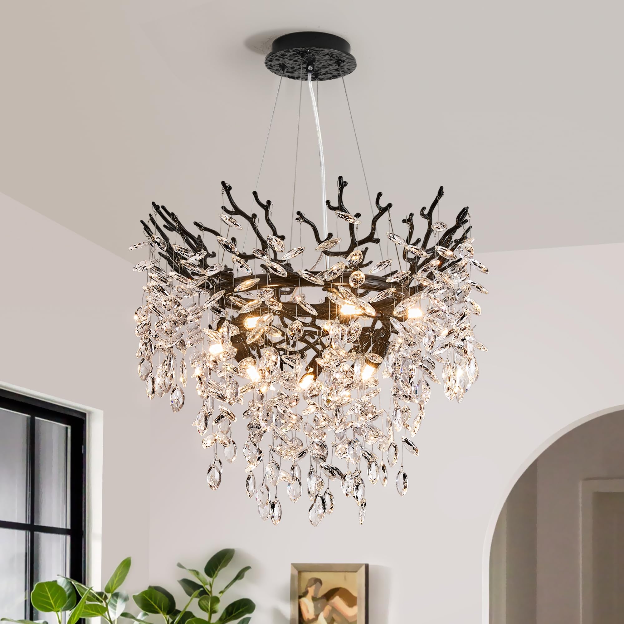 8-Light Modern Silver Crystal Chandelier 23.6", Tree Branch Pendant Lighting for Home