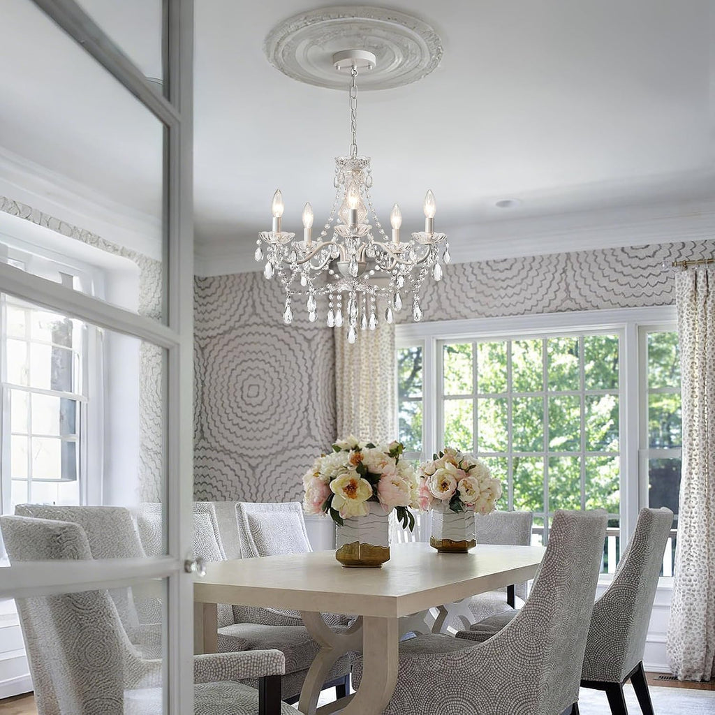 5 Light White Crystal Pendant Lamp, Ceramic Hanging Chandelier for Kitchen Wedding Decor