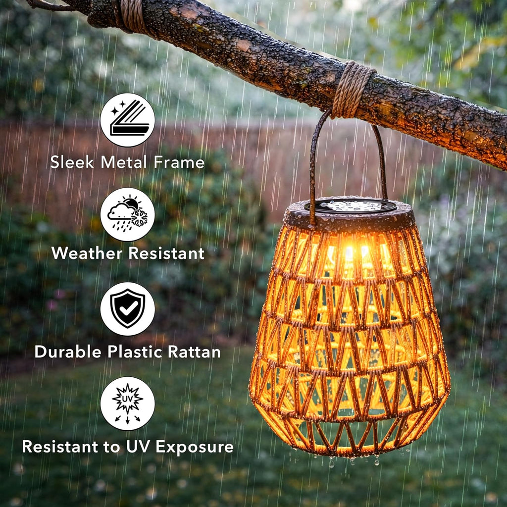 Scentsationals Fusion 2-Pack Woven Solar Lanterns, 11” Metal Frame & Wicker Outdoor Lanterns with Solar Puck Light, Cordless Decorative Patio & Garden Lighting, Warm LED, AA Rechargeable Battery